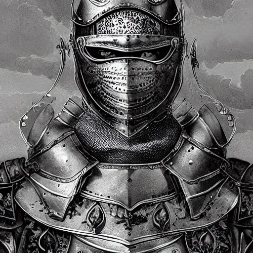 high detail fantasy portrait of a robust female knight wearing armour and face helmet, by Dan Hillier