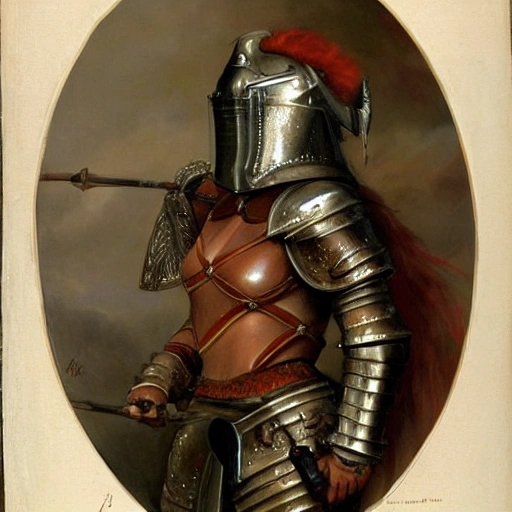 high detail fantasy portrait of a robust female knight wearing armour and face helmet, big lips by John Collier