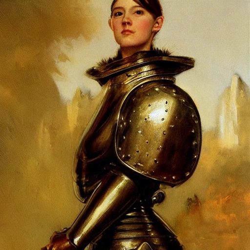 high detail fantasy portrait of a robust female knight wearing armour and face helmet, by John Collier 