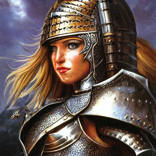 high detail fantasy portrait of a robust female knight wearing armour and face helmet, big lips by jeff easley