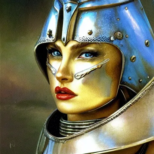 high detail fantasy portrait of a robust female knight wearing armour and face helmet, big lips by bruce pennington
