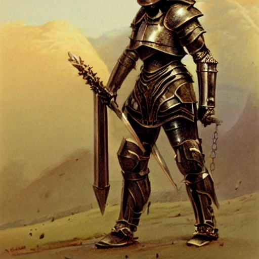 high detail fantasy portrait of a robust female knight wearing armour and face helmet, big lips by bruce pennington