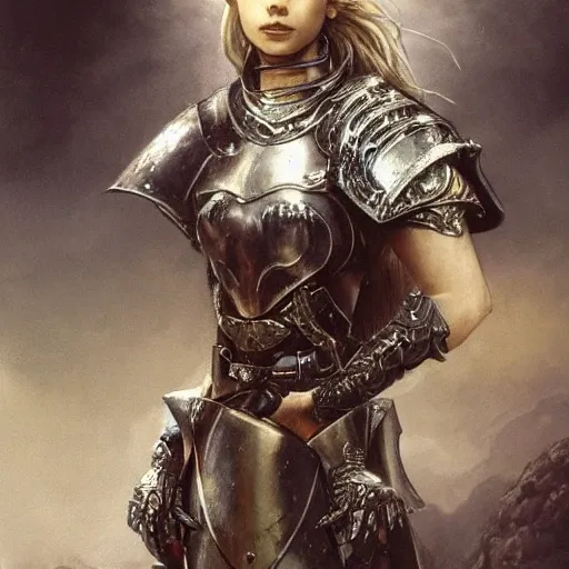 high detail fantasy portrait of a robust female knight wearing armour and face helmet, big lips by luis royo and craig mullins and john collier