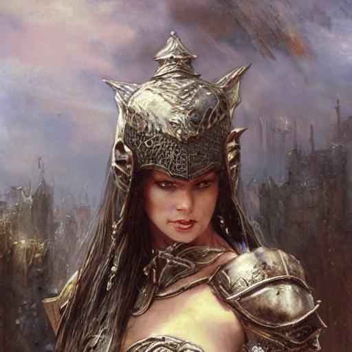 high detail fantasy portrait of a robust female knight wearing armour and face helmet, by luis royo and craig mullins and john collier and jeff esley, and bruce pennington and donato giancola