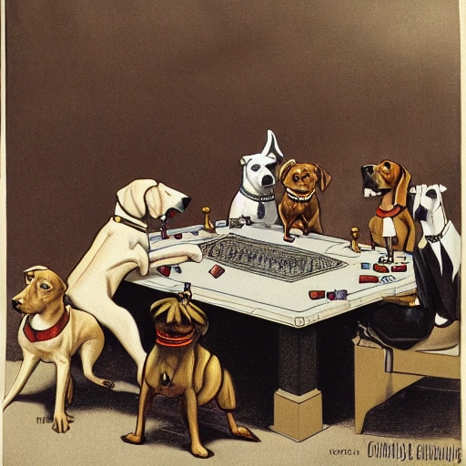 An anthropomorphic group of dogs, by Cassius Marcellus Coolidge, gathered behind Snoopy's dog house, playing a game of dice, with a Chihuahua as the pit boss, wearing a dealer's visor on its head, a Boxer wearing a spiked collar, a Hound, a Doberman Pinscher resembling Snoop Dogg with a gold medallion shaped like a dog house around its neck, smoking a cigar, and wearing sunglasses, a Bulldog also smoking a cigar, and a Rottweiler with sunglasses. The scene should have a sense of camaraderie and mischief, reminiscent of the famous painting "Dogs Playing Poker" playing dice:2 throwing dice:2, Cartoon, Oil Painting