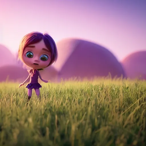 Pixar style little girl, grassland in the background, blurry background, 8k, unreal engine, octane render, photography by cosmicwonder, hyper detailed, intricate, sharp focus, symmetrical face, soft volumetric lighting, octane render, 4k, 24mm, high quality, ultra realistic