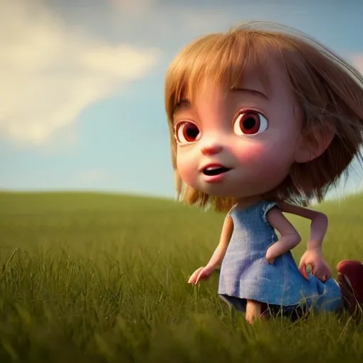 Pixar style little girl, grassland in the background, blurry background, 8k, unreal engine, octane render, photography by cosmicwonder, hyper detailed, intricate, sharp focus, symmetrical face, soft volumetric lighting, octane render, 4k, 24mm, high quality, ultra realistic