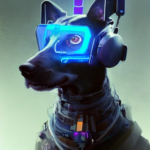 a beautiful portrait of a cute cyberpunk dog by greg rutkowski and wlop, purple blue color scheme, high key lighting, digital art, highly detailed, fine detail, intricate, ornate, complex , 3D