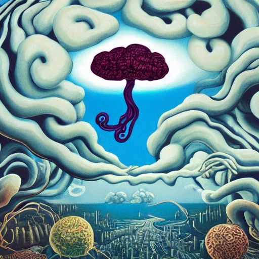 Prompt: Cel shaded painting of a surreal dreamscape, featuring a giant floating brain with tendrils reaching out to a small city in the distance, surrounded by colorful, swirling clouds and detailed and intricate landscapes, as if it were a trippy, cinematic album cover, by popular artists Dave McKean and Aaron Horkey, 4k, clean, realistic face, realistic eyes, highest quality, realistic hands, trending on artstation, masterpiece