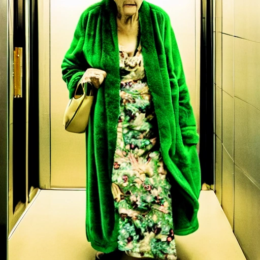 old woman in a green dressing gown in an elevator
