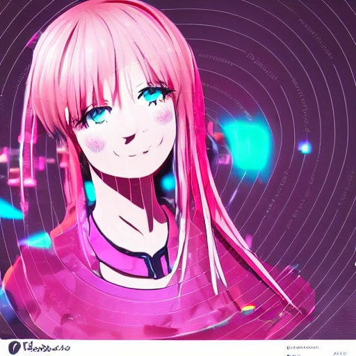 anime girl pink hair colorful eyes green detailled dress detailled and happy face style cyberpunk neon color one asiatic cti in the background 