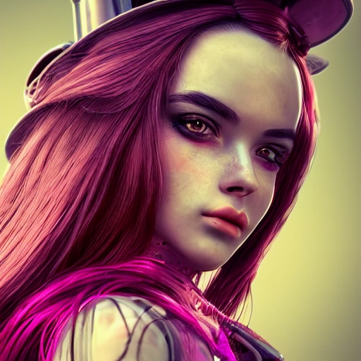 side close up portrait of 1 girl, steampunk, pink long hair, detailed face, spotlight, steampunk city, multicolored, animation 8k, epic ambient light