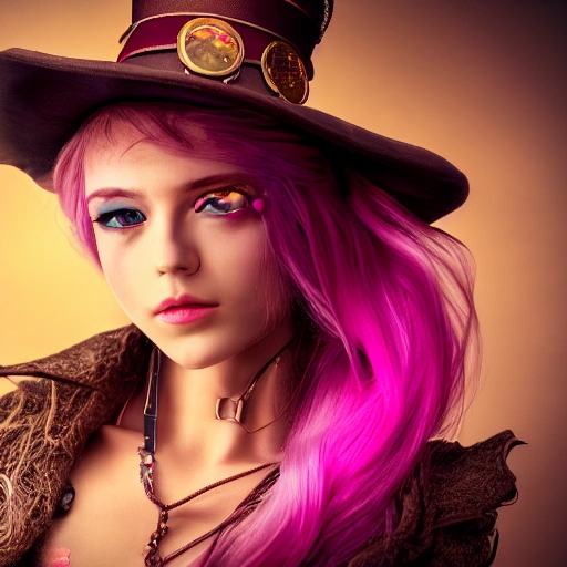  portrait of 1 girl, steampunk, pink long hair, detailed face, spotlight, steampunk city, multicolored, animation 8k, epic ambient light