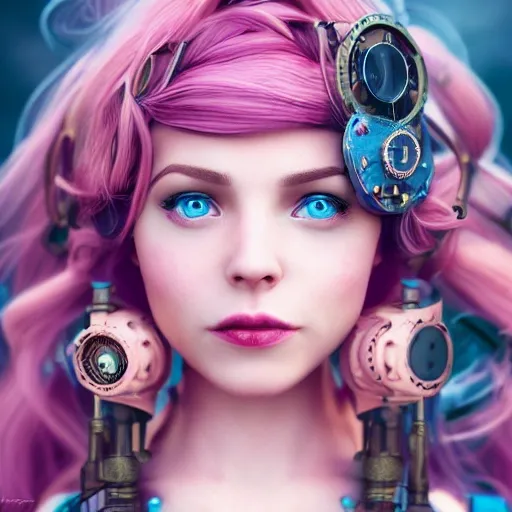  portrait of 1 girl, steampunk, pink long hair, detailed face, blue eyes spotlight, blue detailled dress, steampunk city, multicolored, animation 8k, epic ambient light