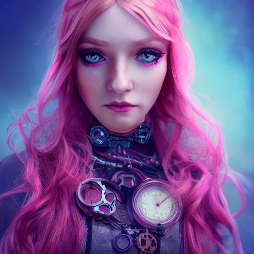  portrait of 1 girl, steampunk, pink long hair, detailed face, blue eyes spotlight, blue detailled dress, steampunk city, multicolored, animation 8k, epic ambient light