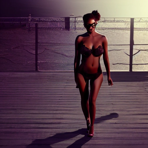 1 sexy girl, walking, brown skin, perfect breast, detailed face, tattoos, shadow effect, spotlight, sea alley in the background, background blur, hyperrealistic, photografic, 8k, epic ambient light, octane render