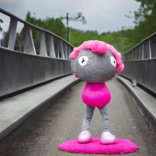 a grey bridge with a pink clown on the bridge holding a chicken leg with smoke