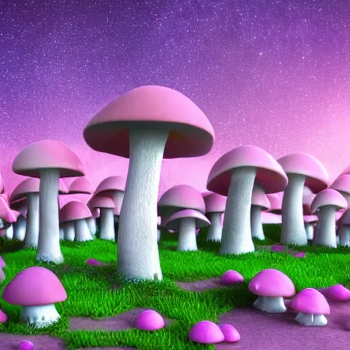 a mushroom village under the pink stary night, 3D - Arthub.ai