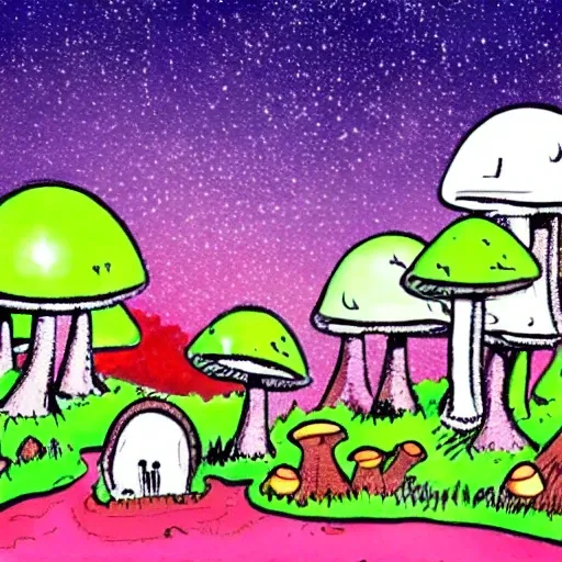 a mushroom village under the pink stary night, Cartoon