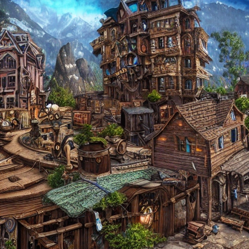 steampunk village in the mountains very detailed, wide angle. , Unreal Engine 5, Cinematic, Color Grading, portrait Photography, Ultra-Wide Angle, Depth of Field, hyper-detailed, beautifully color-coded, insane details, intricate details, beautifully color graded, Unreal Engine, Cinematic , Color Grading, Editorial Photography , Photography, Photoshoot, Shot on 70mm lens, DOF, Tilt Blur, Shutter Speed 11000, F22, White Balance, 32k, Super-Resolution, Megapixel, Pro Photo RGB , VR , Lonely, Good, Massive, Half rear Lighting, Backlight, Natural Lighting, Incandescent, Moody Lighting, Cinematic Lighting, Studio Lighting, Soft Lighting, Volumetric, Conte-Jour, Beautiful Lighting, Accent Lighting, Global Illumination, Screen Space Global Illumination, Ray Tracing Global Illumination, Optics, Scattering, Glowing, Shadows, Rough, Shimmering, Ray Tracing Reflections, Lumen Reflections, Screen Space Reflections, Diffraction Grading, Chromatic Aberration, GB Displacement, Scan Lines, R a y Traced, Anti-Aliasing, Shaders, OpenGL-Shaders, GLSL-Shaders, Post Processing, Post-Production, Cell Shading, Tone Mapping, CGI, VFX, SFX, insanely detailed and intricate , hyper maximalist , elegant, hyper realistic, super detailed, dynamic pose, photography, Hyper realistic, volumetric, photorealistic, ultra photoreal, ultra-detailed, intricate details, 8K, super detailed, full color