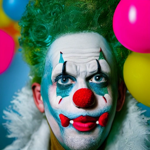 birthday clown at a club, very detailed, wide angle. , Unreal Engine 5, Cinematic, Color Grading, portrait Photography, Ultra-Wide Angle, Depth of Field, hyper-detailed, beautifully color-coded, insane details, intricate details, beautifully color graded, Unreal Engine, Cinematic , Color Grading, Editorial Photography , Photography, Photoshoot, Shot on 70mm lens, DOF, Tilt Blur, Shutter Speed 11000, F22, White Balance, 32k, Super-Resolution, Megapixel, Pro Photo RGB , VR , Lonely, Good, Massive, Half rear Lighting, Backlight, Natural Lighting, Incandescent, Moody Lighting, Cinematic Lighting, Studio Lighting, Soft Lighting, Volumetric, Conte-Jour, Beautiful Lighting, Accent Lighting, Global Illumination, Screen Space Global Illumination, Ray Tracing Global Illumination, Optics, Scattering, Glowing, Shadows, Rough, Shimmering, Ray Tracing Reflections, Lumen Reflections, Screen Space Reflections, Diffraction Grading, Chromatic Aberration, GB Displacement, Scan Lines, R a y Traced, Anti-Aliasing, Shaders, OpenGL-Shaders, GLSL-Shaders, Post Processing, Post-Production, Cell Shading, Tone Mapping, CGI, VFX, SFX, insanely detailed and intricate , hyper maximalist , elegant, hyper realistic, super detailed, dynamic pose, photography, Hyper realistic, volumetric, photorealistic, ultra photoreal, ultra-detailed, intricate details, 8K, super detailed, full color