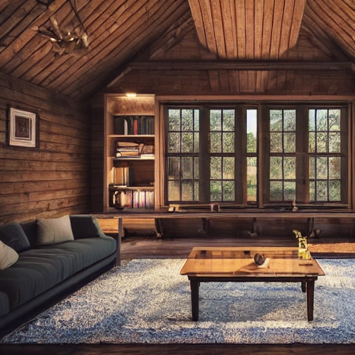 a cozy cabin, large glass window with pine trees outside, a big stone fireplace, rugs on the ground, wooden floors, bookshelves, a coffee table, candle, cozy dark lighting, night time. 3d, ray tracing.