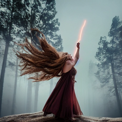 Wizard princess standing on a cliff shooting lightning out of her hands while screaming with neck muscles showing as troops below are burned, sharp focus, (((depth of field))), (((f/1.8))), 50mm, (((professionally color graded))), (((dusk))), soft diffused light, volumetric fog, hdr 4k, 8k