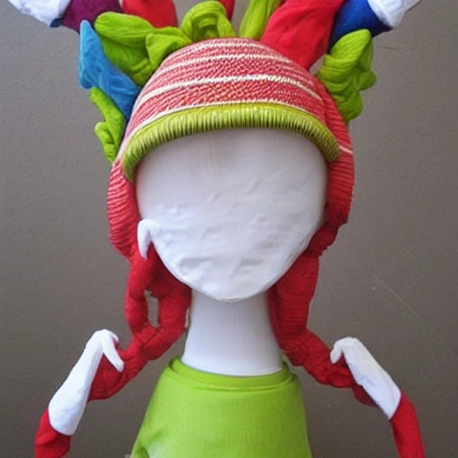 one eyed alien, headband with mushroom hat, ears are tubes with bubble on the end, mouth with big lips and tounge stuck out, long wavy neck, four long arms with three fingered hands at the ends, long forearms and wavy fingers, long torso, stripoed skirt with poofy hem and legs with round feet and beed on the toes, long forked tail with three prongs and triangles on the ends