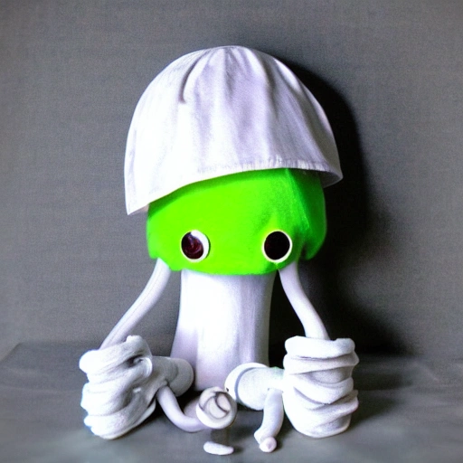 one eyed alien, headband with mushroom hat, ears are tubes with bubble on the end, mouth with big lips and tounge stuck out, long wavy neck, four long arms with three fingered hands at the ends, long forearms and wavy fingers, long torso, stripoed skirt with poofy hem and legs with round feet and beed on the toes, long forked tail with three prongs and triangles on the ends