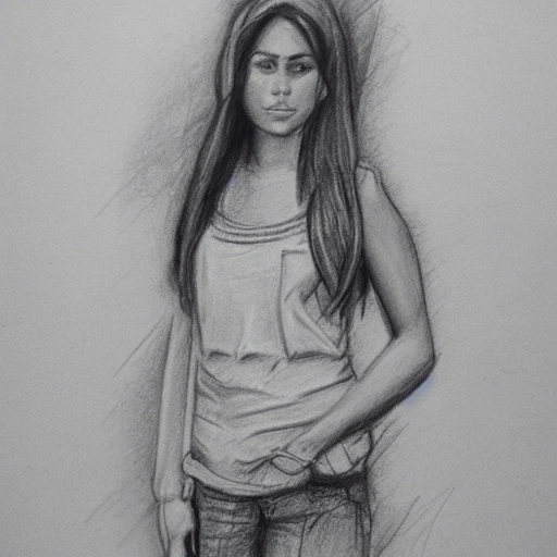 Mujer joven, vestida con prendas deportivas,Pencil Sketch