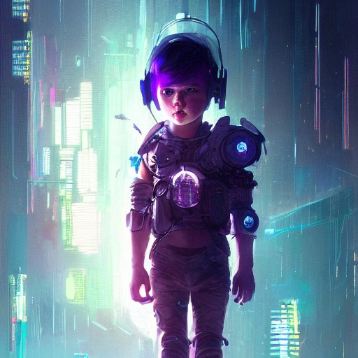 a beautiful portrait of a cute cyberpunk child by greg rutkowski and wlop, purple blue color scheme, high key lighting, digital art, highly detailed, fine detail, intricate, ornate, complex