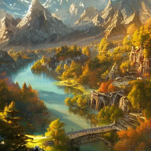 a birds eye view overlooking an ancient fantasy city surrounded ...