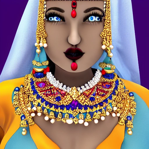 , Cartoon curvy body female makeup with indian jewelery , blue eyes
