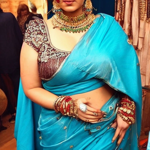 
curvy body female makeup with indian jewelery , blue eyes
 wearing sari
,