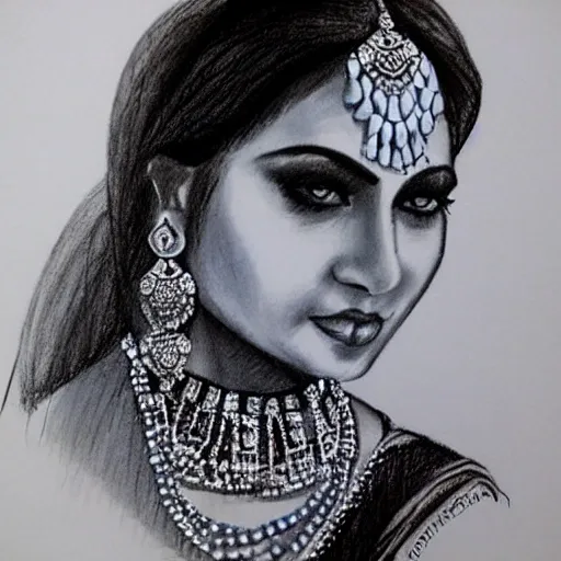 
booty
 body female makeup with indian jewelery , blue eyes
 wearing sari
,, Pencil Sketch