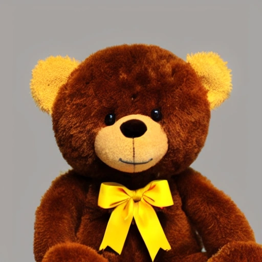 brown teddy bear with yellow bow, sitting, realistic, art station, 4k, hight detailed fur, white background, studio light