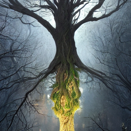 Prompt: Illustration of a surreal, otherworldly scene featuring a giant, detailed and intricate tree with beautiful lighting and realistic proportions, as if it were a cinematic background, by popular artists Jeremy Geddes and Zara Gonzalez Hoang, 4k, clean, realistic face, realistic eyes, highest quality, realistic hands, trending on artstation, masterpiece

