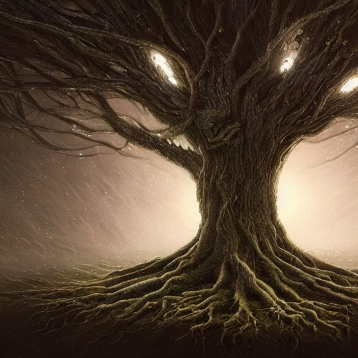 Prompt: Illustration of a surreal, otherworldly scene featuring a giant, detailed and intricate tree with beautiful lighting and realistic proportions, as if it were a cinematic background, by popular artists Jeremy Geddes and Zara Gonzalez Hoang, 4k, clean, realistic face, realistic eyes, highest quality, realistic hands, trending on artstation, masterpiece

