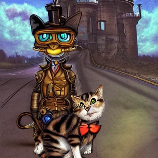 steampunk, cat, road, realistic, cartoon