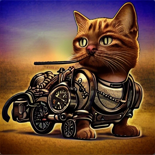 steampunk, cat, road, realistic, cartoon, Trippy