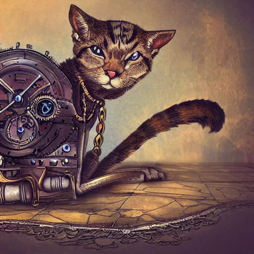 steampunk, cat, road, realistic, cartoon, Trippy, high quality, detailed