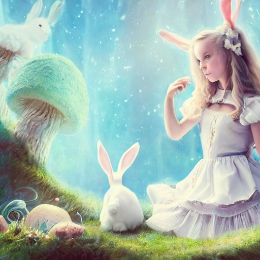 (portrait of Alice In Wonderland), ((young girl playing with a white bunny)), cute heartwarming friendship,  blue eyes, (long floating hair), ((magical mushroom forest environment)), sunlight, dreamy atmosphere, (fantasy), intricate, highly detailed, sharp focus, low angle view, (centered image composition), professionally color graded, masterpiece, trending on artstation, hdr 4k, 8k, ((samdoesarts))