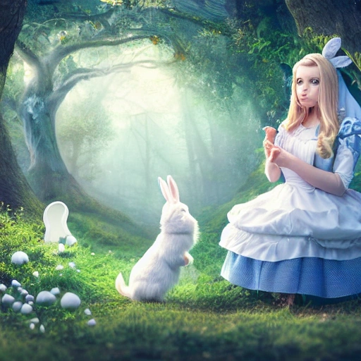 (portrait of Alice In Wonderland), ((young girl playing with a white bunny)), cute heartwarming friendship,  blue eyes, (long floating hair), ((magical mushroom forest environment)), sunlight, dreamy atmosphere, (fantasy), intricate, highly detailed, sharp focus, low angle view, (centered image composition), professionally color graded, masterpiece, trending on artstation, hdr 4k, 8k, ((samdoesarts))