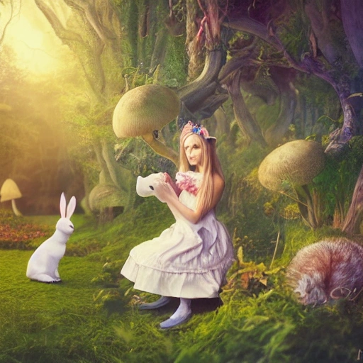 (portrait of Alice In Wonderland), ((young girl playing with a white bunny)), cute heartwarming friendship,  blue eyes, (long floating hair), ((magical mushroom forest environment)), sunlight, dreamy atmosphere, (fantasy), intricate, highly detailed, sharp focus, low angle view, (centered image composition), professionally color graded, masterpiece, trending on artstation, hdr 4k, 8k, ((samdoesarts))