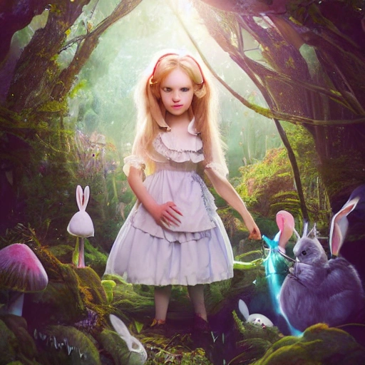 (portrait of Alice In Wonderland), ((young girl playing with a white bunny)), cute heartwarming friendship,  blue eyes, (long floating hair), ((magical mushroom forest environment)), sunlight, dreamy atmosphere, (fantasy), intricate, highly detailed, sharp focus, low angle view, (centered image composition), professionally color graded, masterpiece, trending on artstation, hdr 4k, 8k, ((samdoesarts))