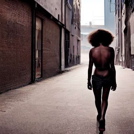 1 sexy girl, walking, brown skin, perfect breast, detailed face, tattoos, shadow effect, spotlight, city alley in the background, background blur, hyperrealistic, photografic, 8k, epic ambient light, octane render