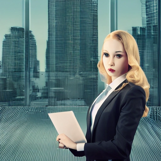 portrait of a pretty office robot with cat eyes long wavy blond hair, in office suit, detailed face, looing at the viewer, offce buildings in the background, blurred background, sharp focus, intricate, photographic, award winning photograph, 8k wallpaper, professional studio llghting, trending on artstation