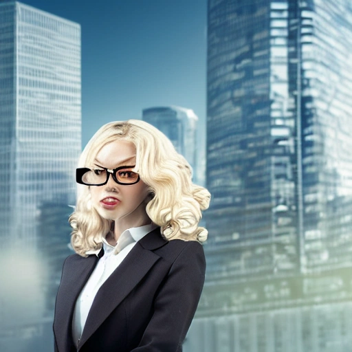 portrait of a pretty office robot  apocalyptic robot with cat eyes long wavy blond hair, in office suit, detailed face, looing at the viewer, offce buildings in the background, blurred background, sharp focus, intricate, photographic, award winning photograph, 8k wallpaper, professional studio llghting, trending on artstation