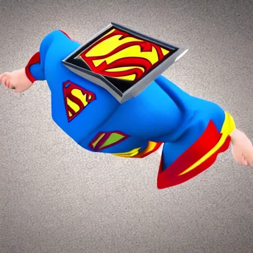 A blonde cat flying in a superman costume, 3D