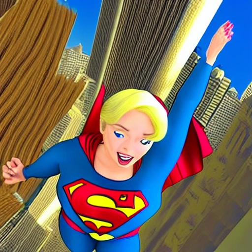 A blonde woman flying in a superman costume, 3D, Cartoon